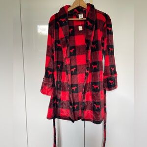 PINK by Victorias Secret Red/Black Buffalo Plaid Velour Soft Bath Robe